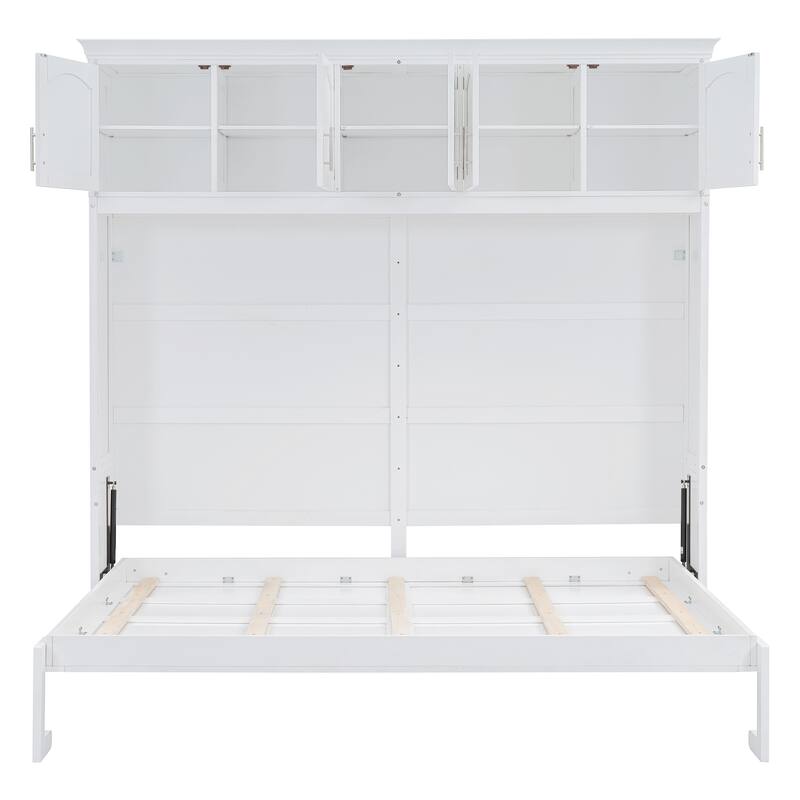Modern Solid Wood Murphy Bed Chest w/ Top Cabinets, Storage Wall Platform Bed, Wood Slat Support, No Box Spring Needed, Folding