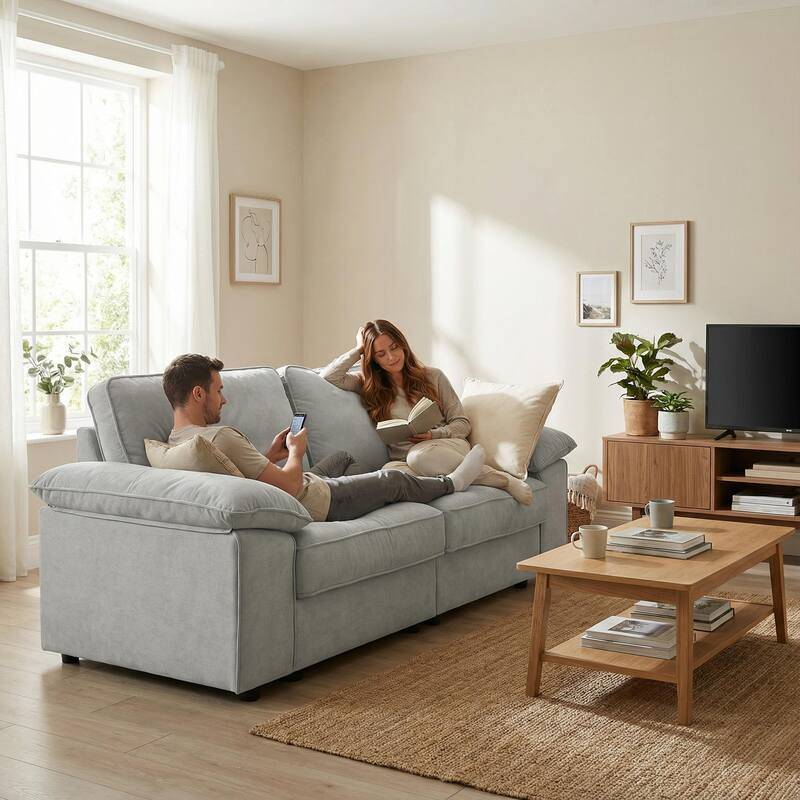 Roomfitters Modern Overstuffed Upholstered Sofa with Hidden Storage and Padded Arms, Comfy Loveseat for Small Space