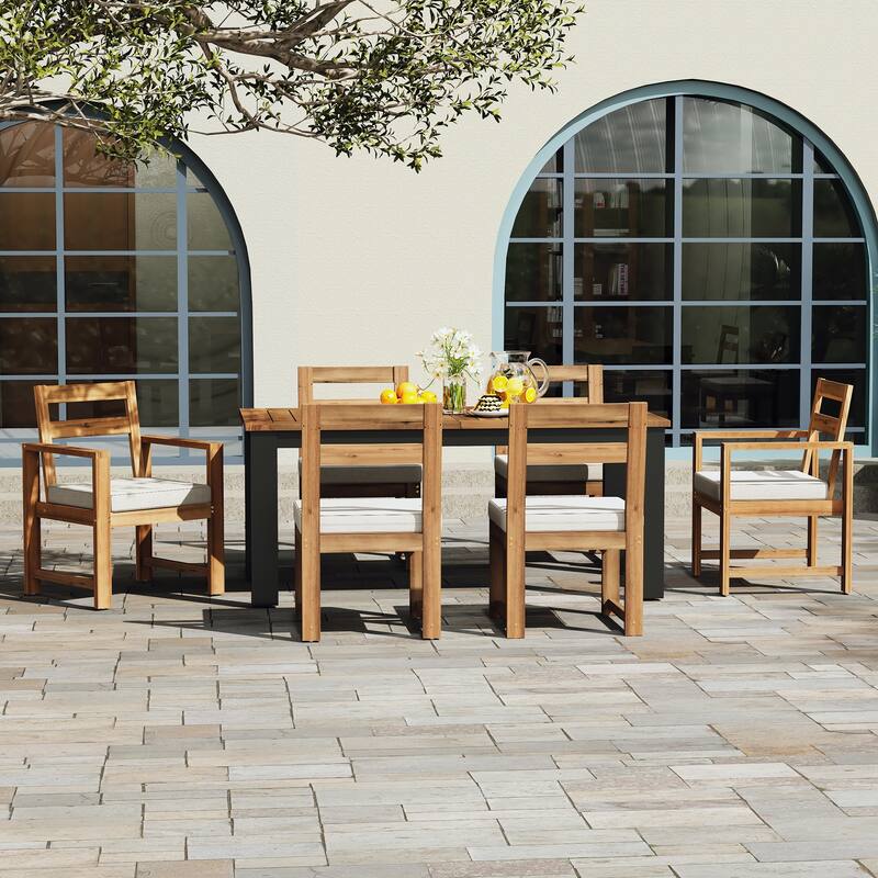 7 Piece Patio Table and Chairs Set, Wood Dining Table Set for 6 with Umbrella Hole, 2 Armchairs & 4 Side Chairs