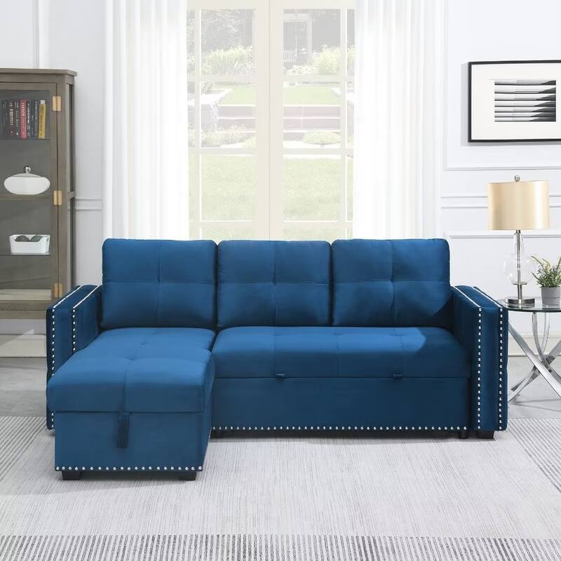 Morden Fort Reversible L-Shaped Sofa Bed with Storage - Velvet Upholstery, Button Tufting, and Nailhead Trim - Blue