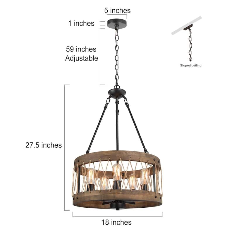 Modern Farmhouse 5-Light Wood Drum Black Metal Rustic Chandelier for Dining Room