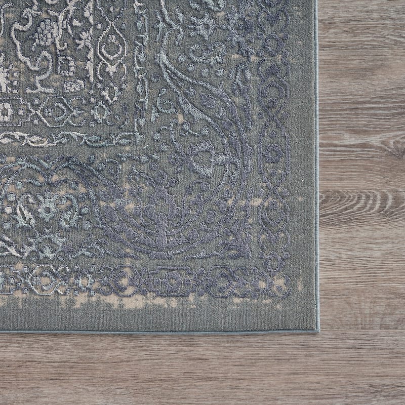 Sevita Carved Transitional Damask Polyester Area Rug, Blue and Silver