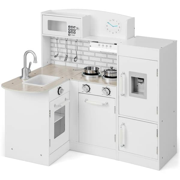 slide 2 of 9, Gymax Kid's Corner Kitchen Playset Wooden Chef Play w/ Sink Stove White