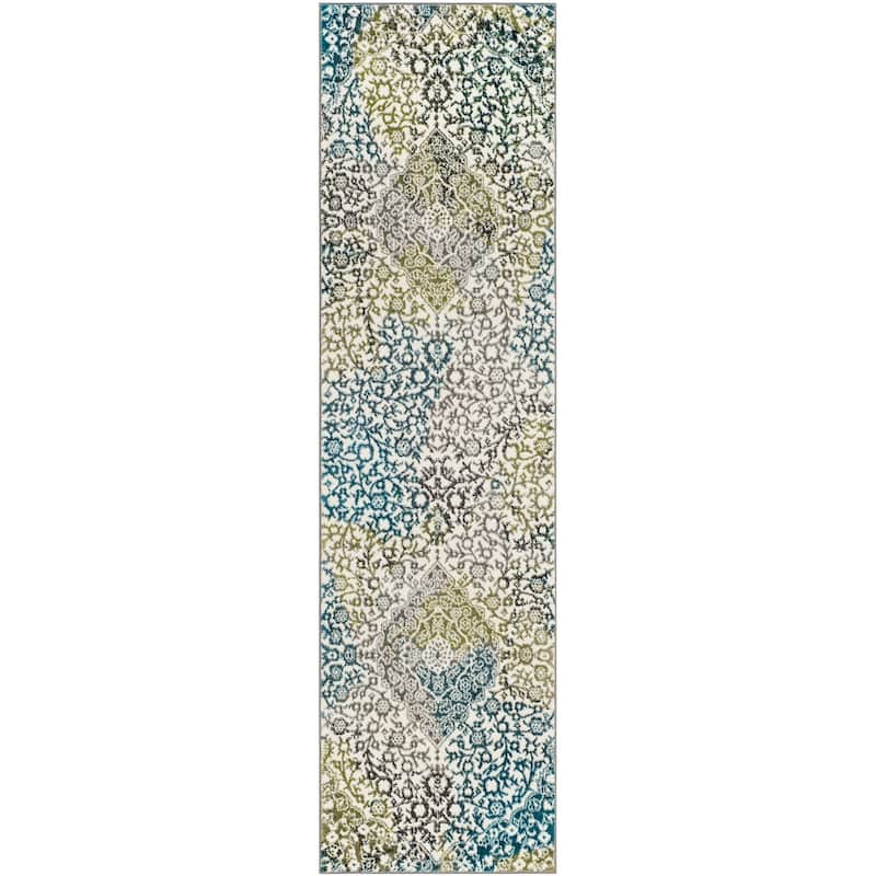 SAFAVIEH Watercolor Sierra Modern Abstract Medallion Rug - 2'3" x 8' Runner - Ivory/Peacock Blue