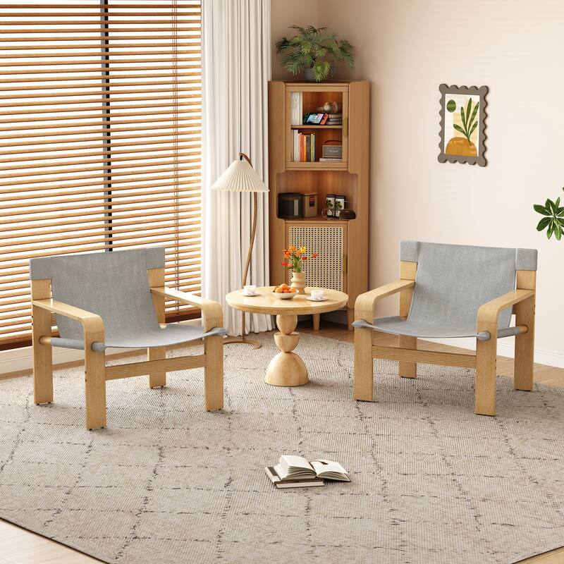 Detachable and washable Oak Accent Chair Wide Armrest Mid-Century Lounge Chair Linen Fabric Armchair & Solid Wood Frame - LIGHT GREY