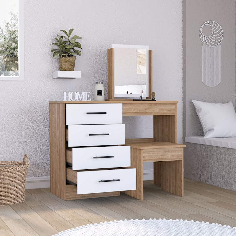TUHOME Kaia Makeup Dressing Table with Mirror and 4 Drawers