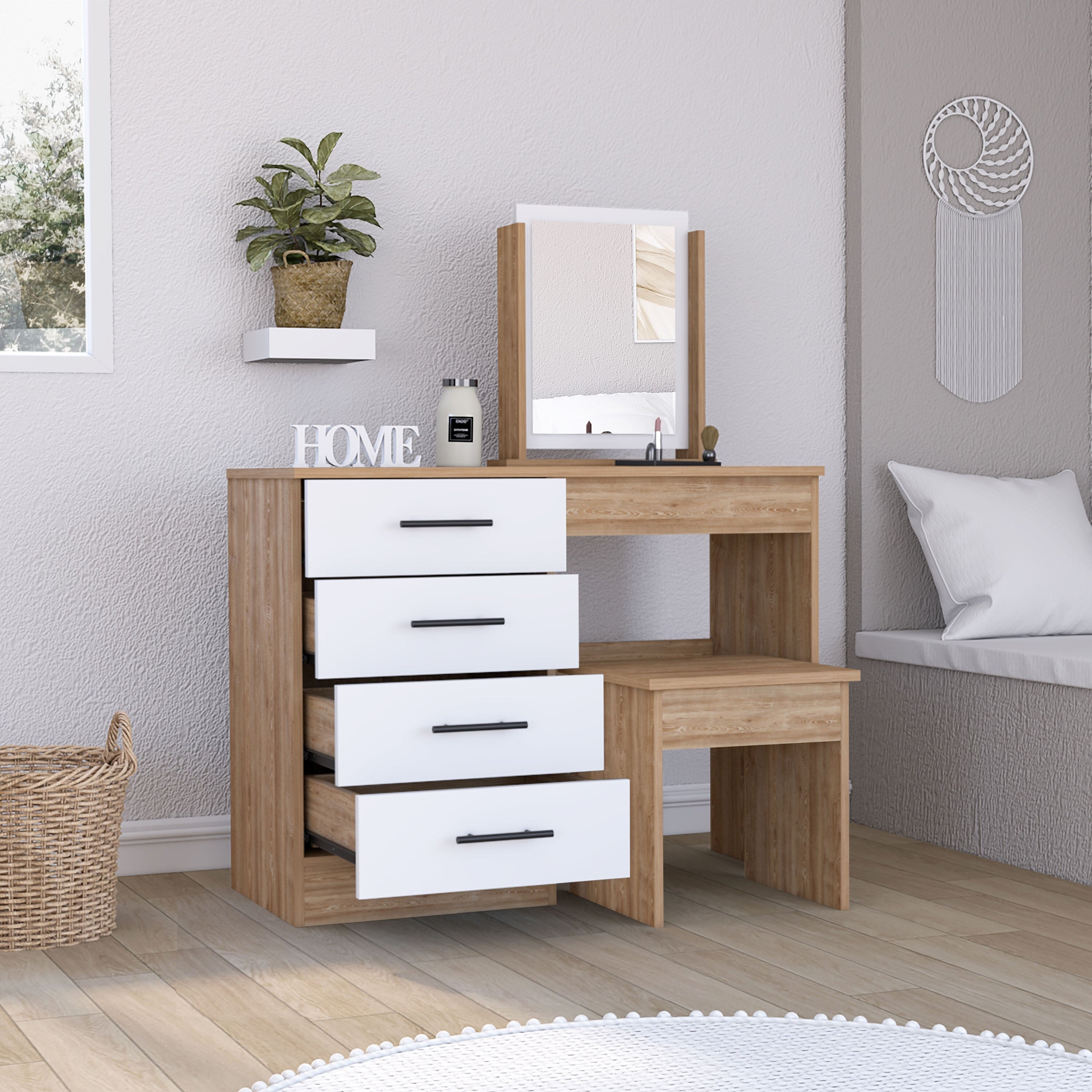TUHOME Kaia Makeup Dressing Table with Mirror and 4 Drawers