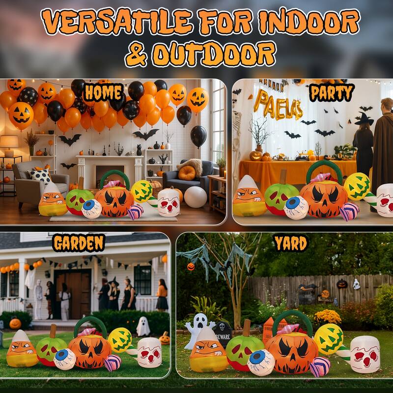 8FT Halloween Inflatable Outdoor Decoration with Ghosts Pumpkins Candy and LED Lights