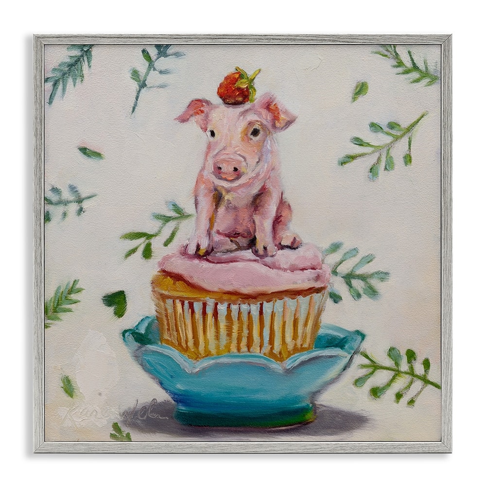 Stupell Charming Teacup Pig on Strawberry Cupcake Dessert Framed Wall Art, 12x12