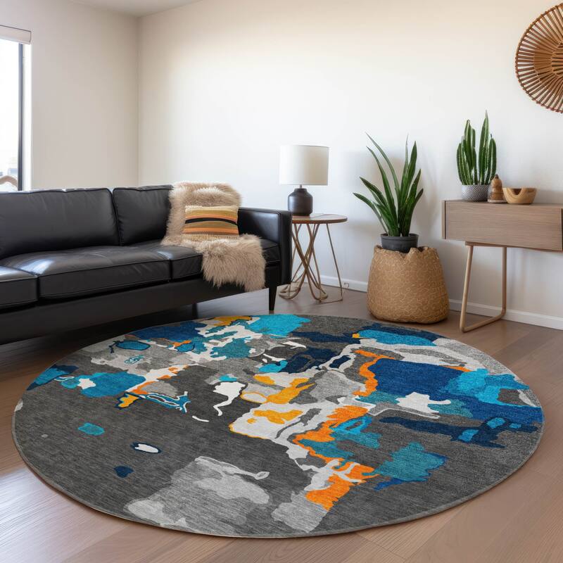 Machine Washable Indoor/ Outdoor Abstract Glam Chantille Rug - Charcoal - 8' x 8'