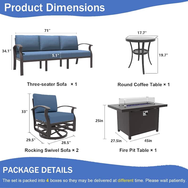 Aluminum Patio Furniture Set with FirePit Ottomans Swivel Chairs,Sectional Sofa with Thick Seat Cushions for Porch Garden