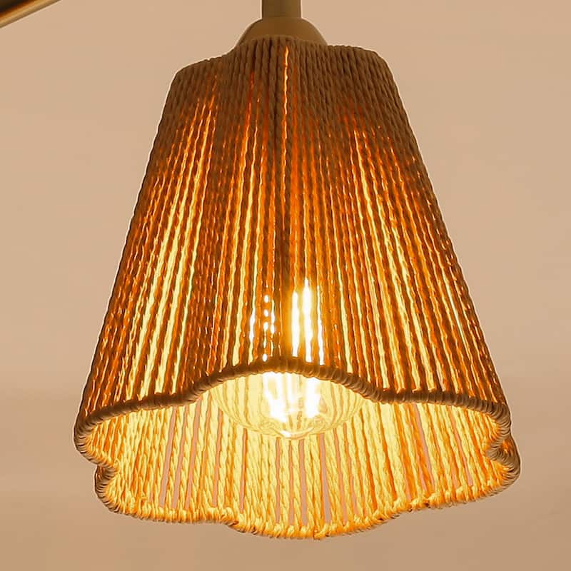 Bohemian Brown Paper Rope Shade 3-Light Gold Linear Chandelier Light