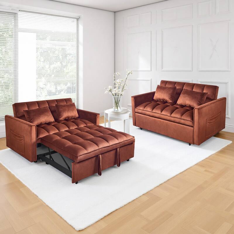 3-in-1 Convertible Sleeper Loveseat Pull Out Twin Size Suede Sofa Bed with 2 Pillows & Pocket