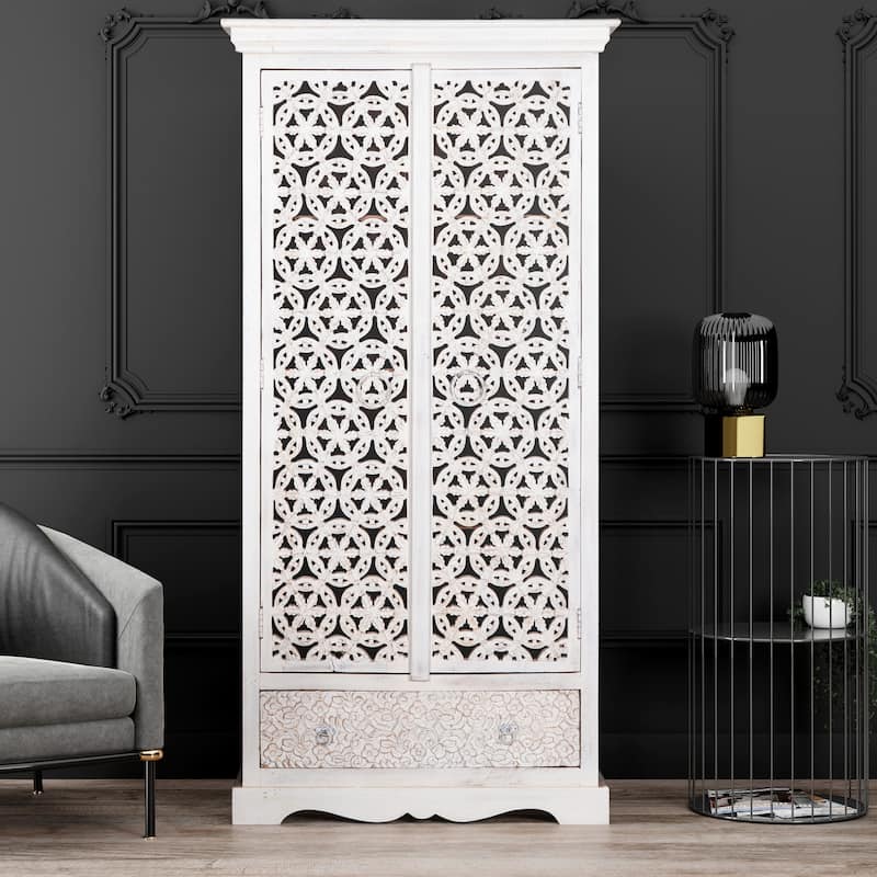 Maadze Mandolin 70.6" High Carved Armoire with Shelves and Drawers - Antique White
