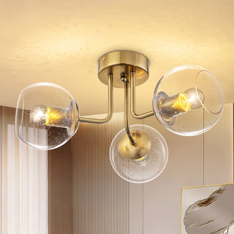 Starsky 3-Light Modern Sputnik Seeded Glass Globes Semi Flush Mount Ceiling Light - Gold