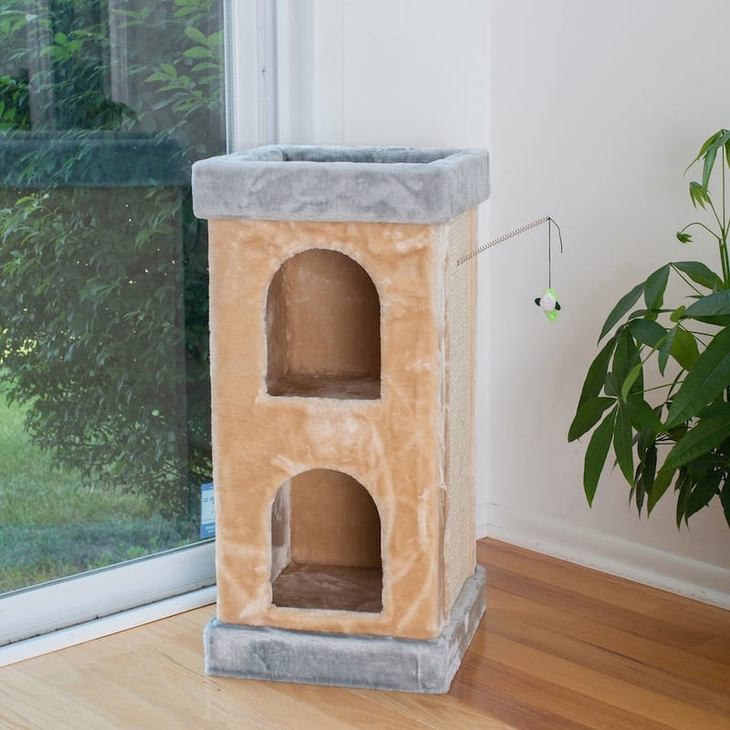 Double Condo Real Wood Cat House With Scratching Carpet For Cats - Beige - Beige