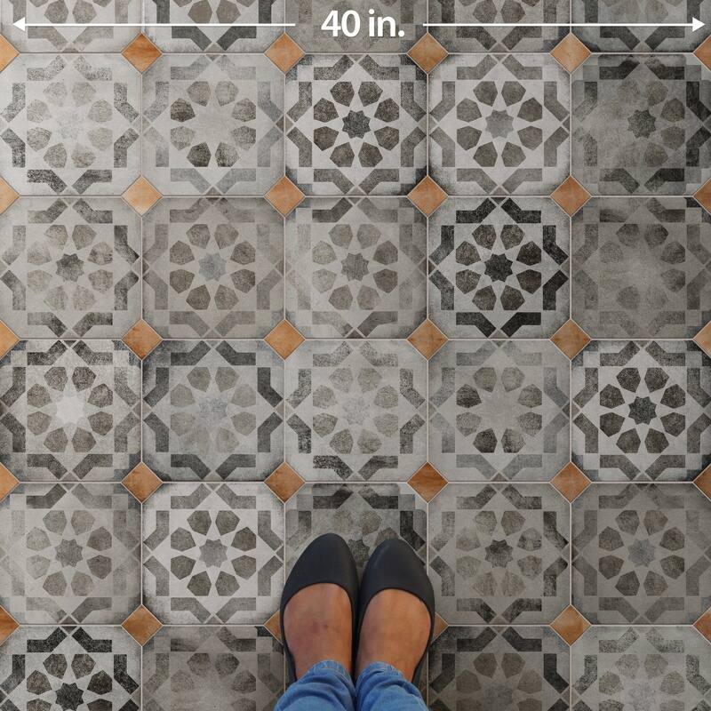 Merola Tile Laverton Octagon Deco Sombra with Taco Natural 7-7/8" x 7-7/8" Porcelain Floor and Wall Tile