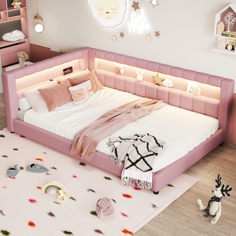 Upholstered Low-Profile Daybed Platform Bed Built-in USB Ports and LED Light Belt, Grounded Design with Padded Backrest