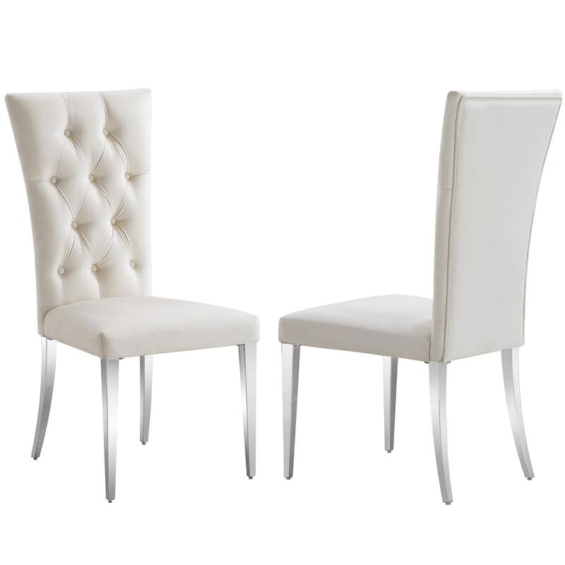 Velvet Tufted Upholstered Dining Room Chairs in Buttons Tufted High Back and Mirror Stainless Steel Legs - White/Silver