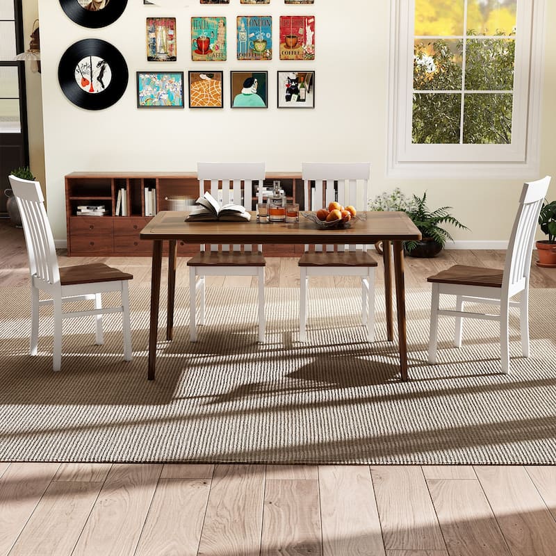 Set of 2 White and Walnut Dining Chairs with High Backrest and Contoured Seat for Kitchen and Dining Room - 17.5" x 20" x 38"