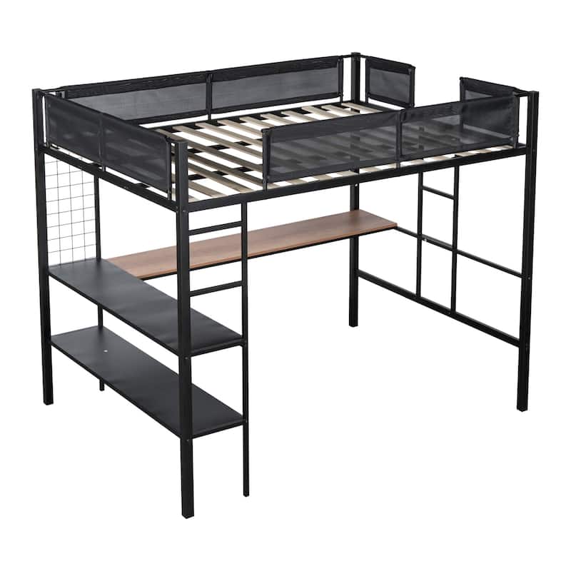 Black Full Size Metal Stell Loft Bed with Desk, Shelves, Noise-free Wood Slats and Comfortable Textilene Guardrail