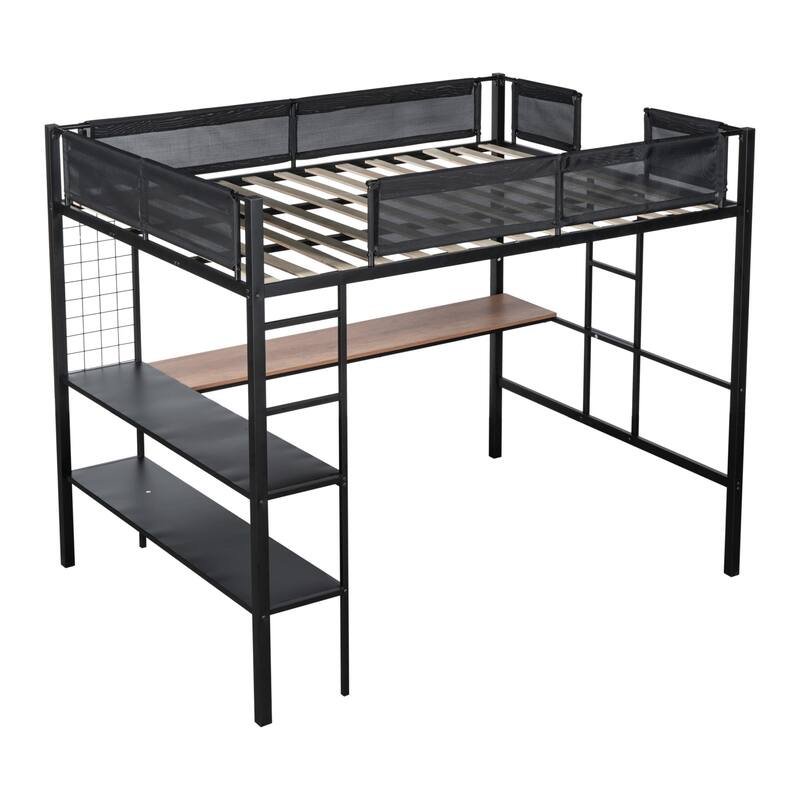 Full Size Metal Loft Bed with Built-in Desk, Shelves & Textilene Guardrail - Space Saving Design with Noise-Free Wood Slats
