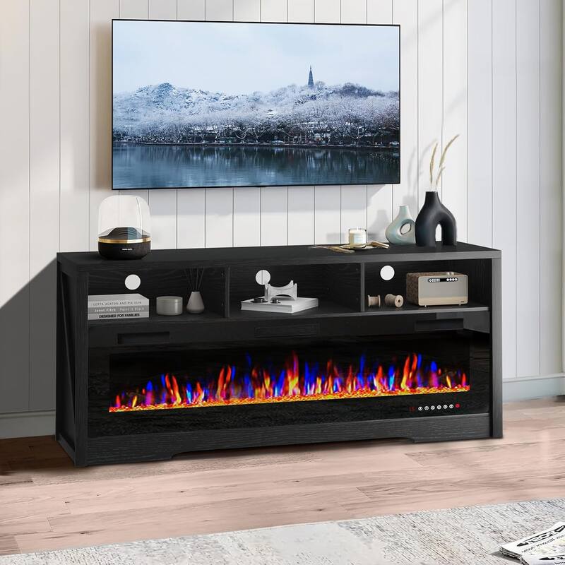 BOSSIN 65" Electric Fireplace TV Stand , Entertainment Center for TVs up to 75" with Open Shelves Storage for Living Room