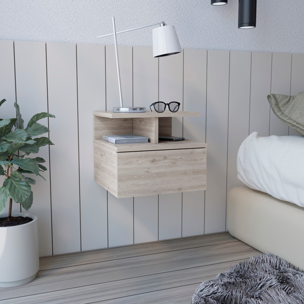 Floating Nightstand with Drawer and Open Storage Shelves - Grey