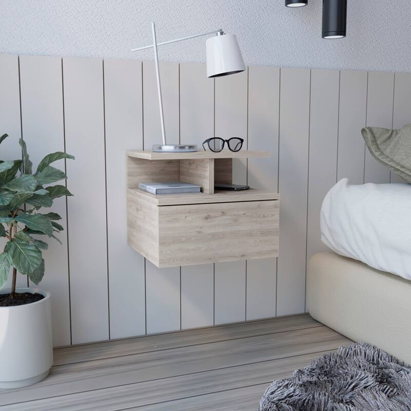 White Floating Nightstand, Wall-Mounted End Table with Storage Drawer & Open Shelf - Grey