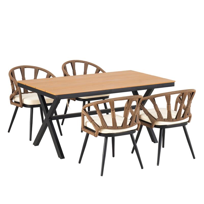 5 Pcs Outdoor Dining Table and Chairs Set, Patio Furniture Sets with PE Rattan Chairs and Rectangular Wood Table