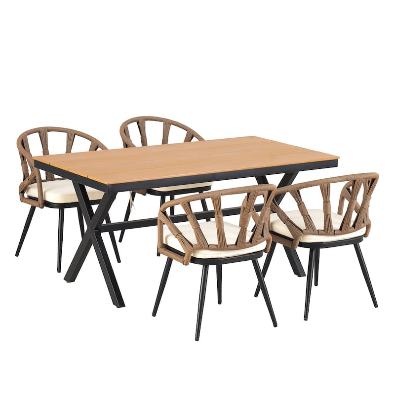 5-Piece Outdoor Patio Iron Dining Set with Rectangular Table and 4 Rope Art Cushioned Chairs