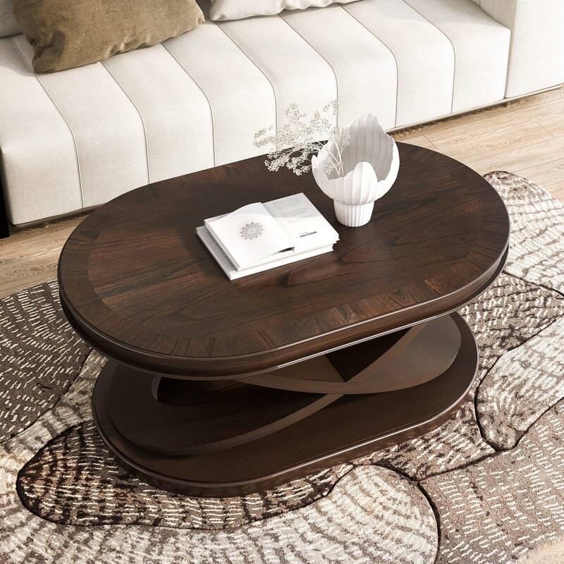 Solid Wood Oval Coffee Table with X-Shaped Base for Living Room Use