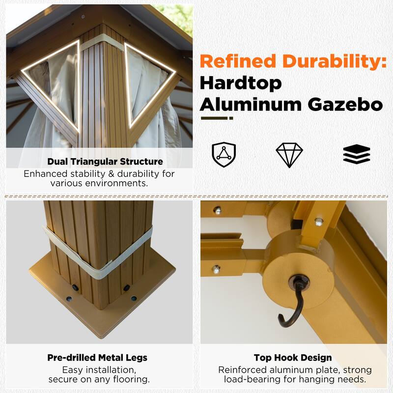 Aluminum Hardtop Gazebo for Patio, Outdoor Waterproof Pavilion with Netting and Curtains, Weather-Resistant Canopy for Backyard.
