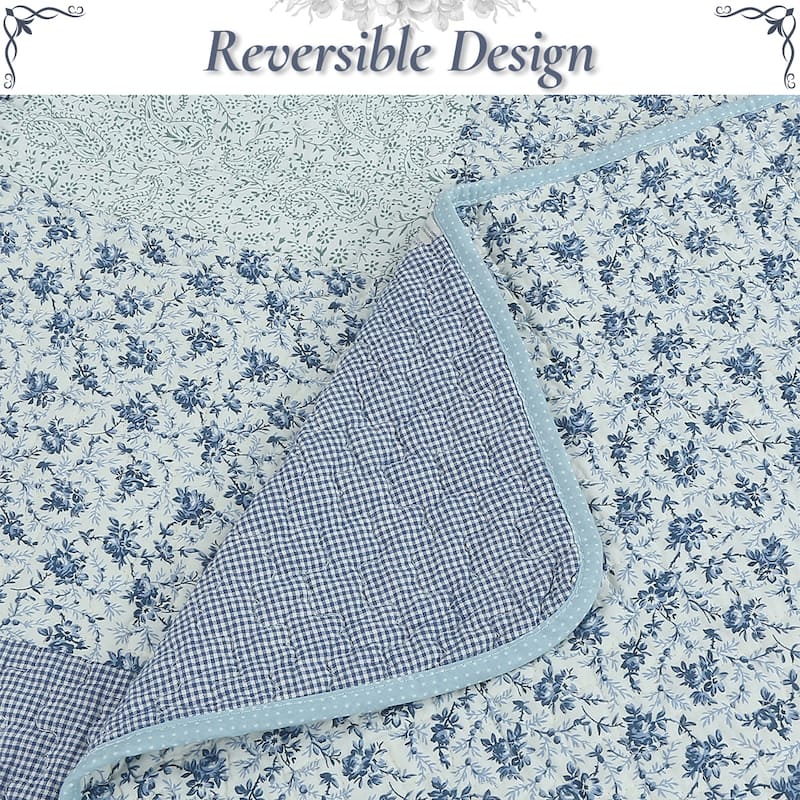 Cozy Line Subtle Blue Checker Cottage Floral Stripe Cotton 3 Piece Patchwork Quilt Bedding Set