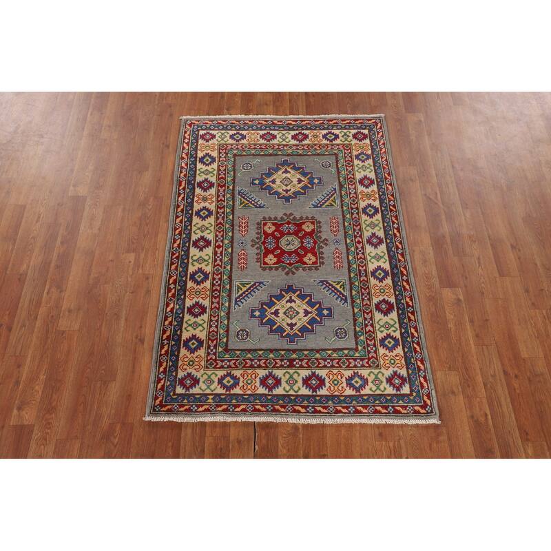 Gray Geometric Kazak Accent Rug Hand-Knotted Wool Carpet - 3'4" x 4'11"