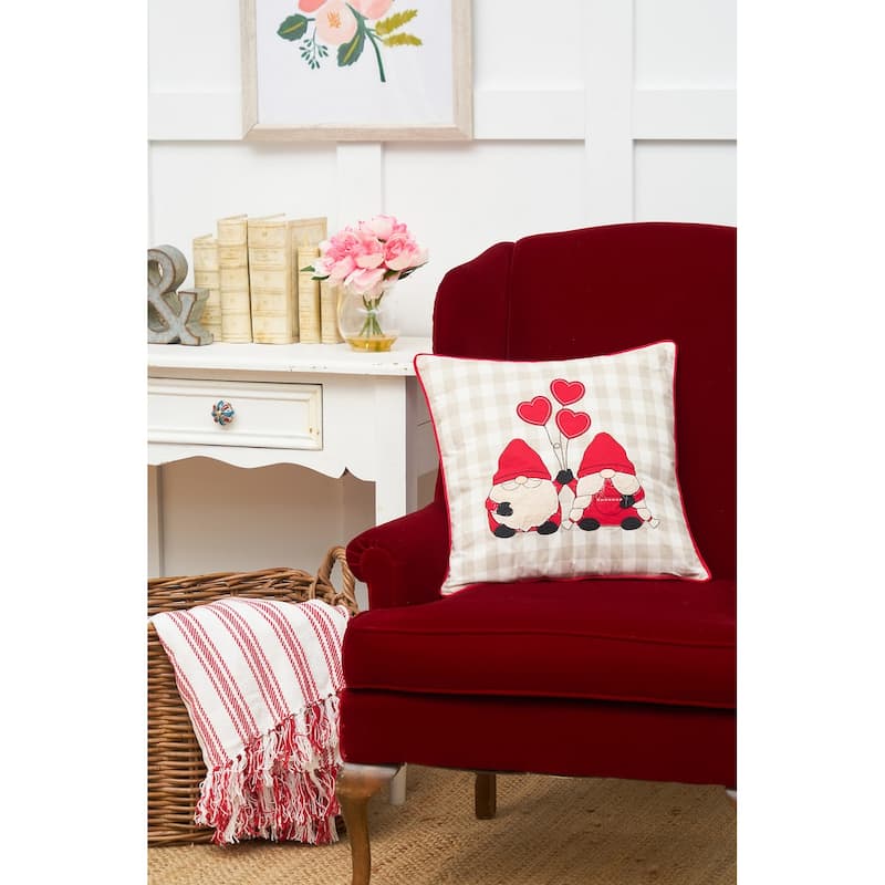 18" x 18" Valentine's Day Gnomes w/ Heart Balloons Embroidered Accent Throw Pillow