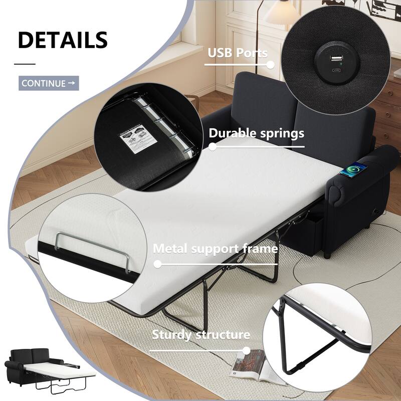 Pull Out Loveseat Sofa Convertible Sleeper Love Seat Bed with Mattress and 2 USB Ports Tufted Couch Round 2-seat Armchair