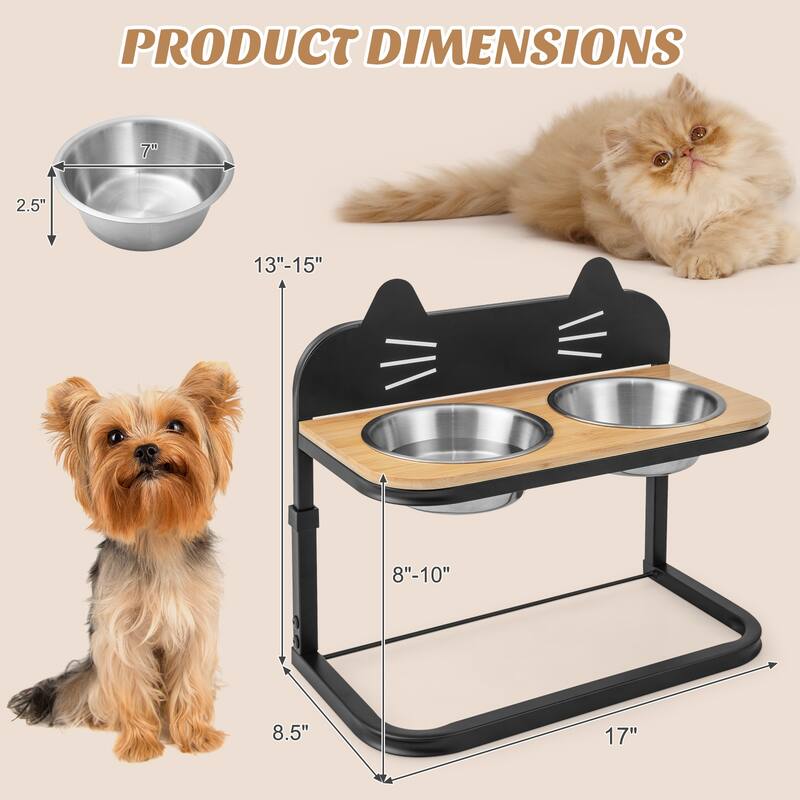 Elevated Pet Feeder with 2 Stainless Steel Bowls for Cats and Small and Medium Dogs - 17" x 8.5" x 13"-15"