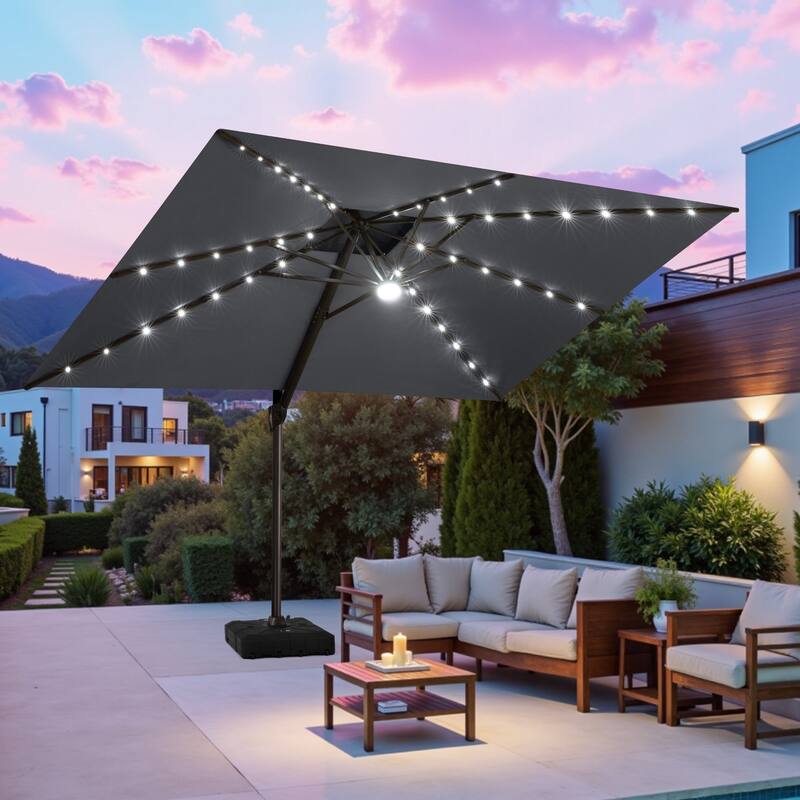 9 x11 FT Double Top LED Lighted Cantilever Patio Umbrella Rectangle with Base