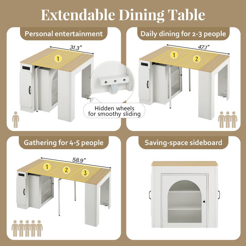 Extendable Dining Table with Removable Leaves, Rolling Kitchen Island with Power Outlet, Sideboard Cabinet with Storage