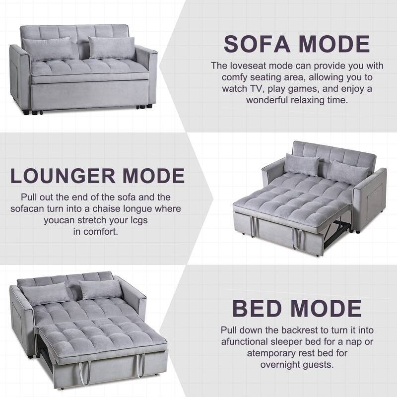 3 in 1 Convertible Sleeper Sofa Bed Pull Out Couch Adjustable Backrest Velvet Loveseat Futon Sofa with Pillows