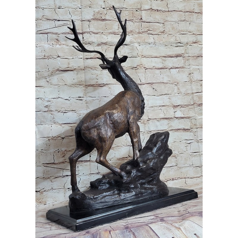 Elk Reindeer Caribou Stag Buck Wildlife Bronze Statue Sculpture On Marble Base