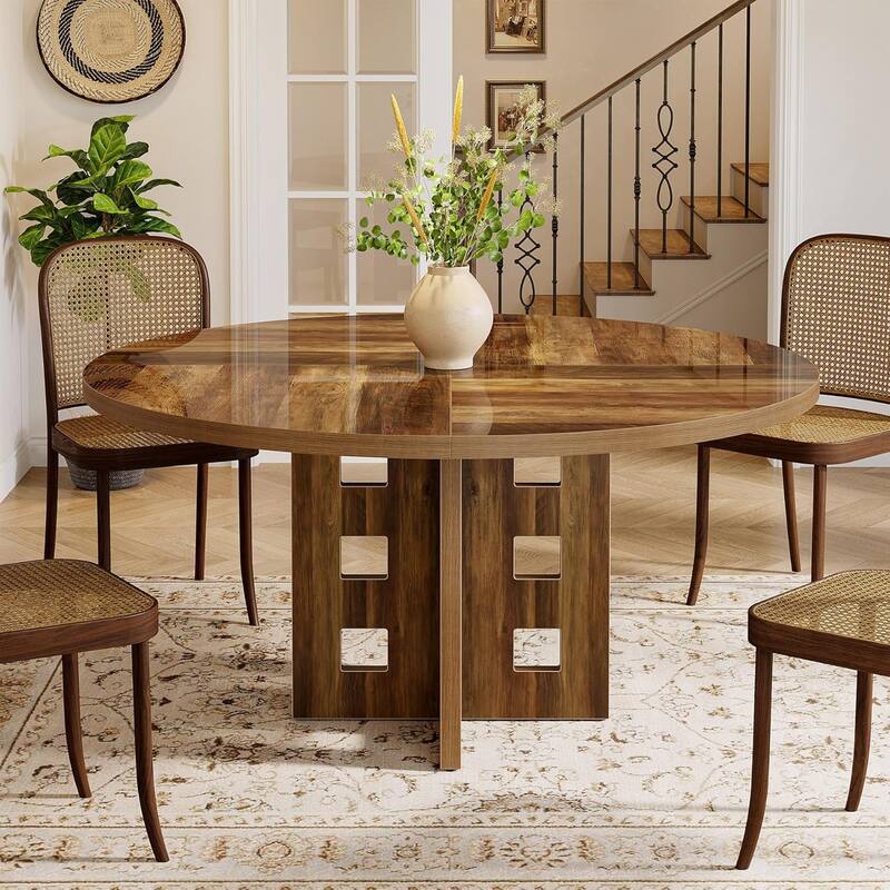 Round Dining Table, 47-Inch Farmhouse Wood Kitchen Table with Sturdy Pedestal Base