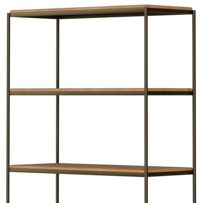 HomeRoots 42" Antiqued Brass And Light Brown Distressed Metal and Solid Wood Four Tier Bookcase with Two Doors