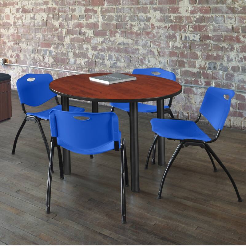42" Round Breakroom Table- Cherry/ Black & 4 'M' Stack Chairs- Blue