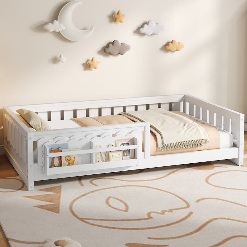 Kid Wood Platform Storage Bed Montessori Toddler Floor Bed Children Daybed with Guardrail and Side Creativity Storage Shelves - White - Twin