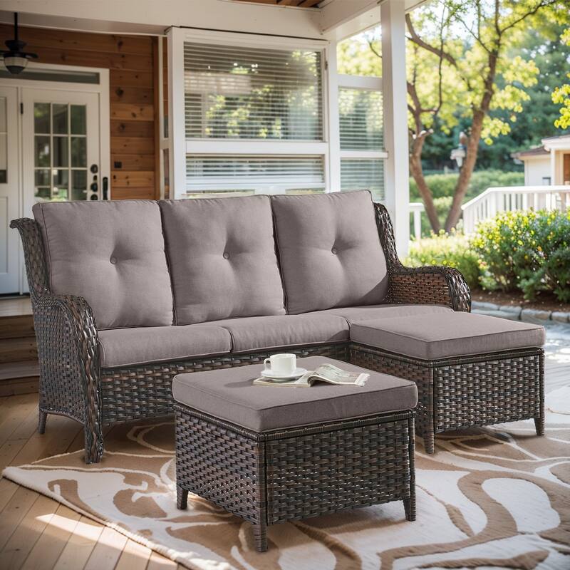 Outdoor 3-Piece Sofa with Ottomans Brown-Grey - Brown - Brown - Grey