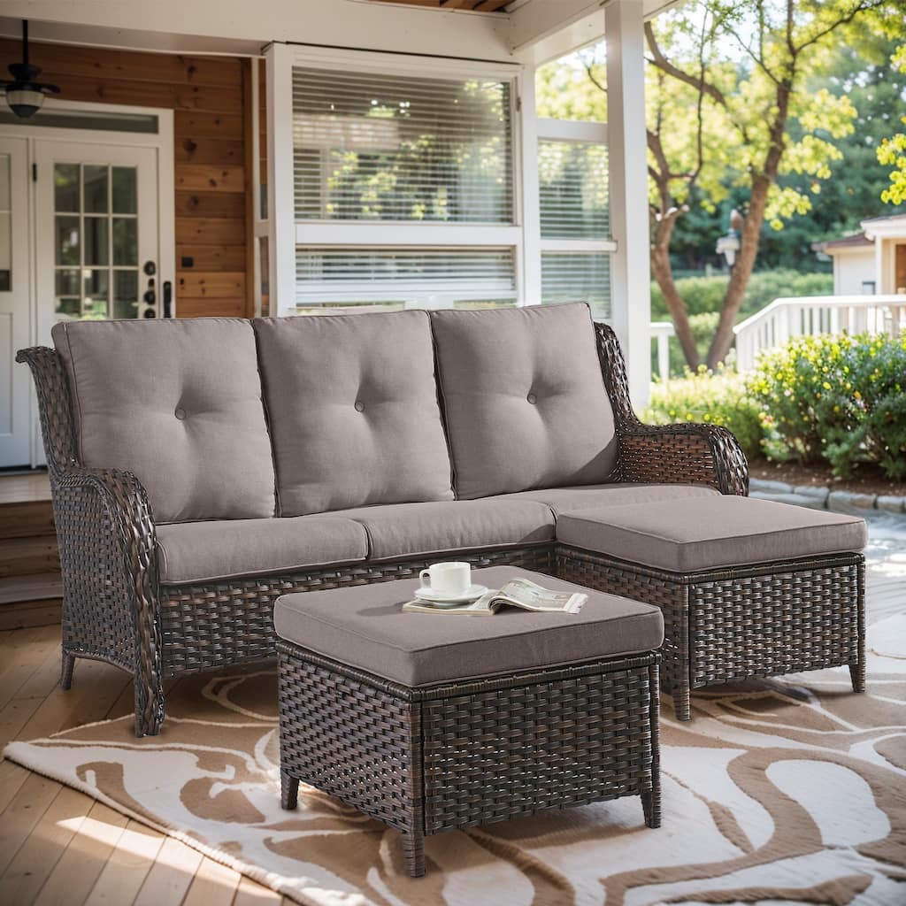 Outdoor 3-Piece Sofa with Ottomans Brown-Grey - Brown