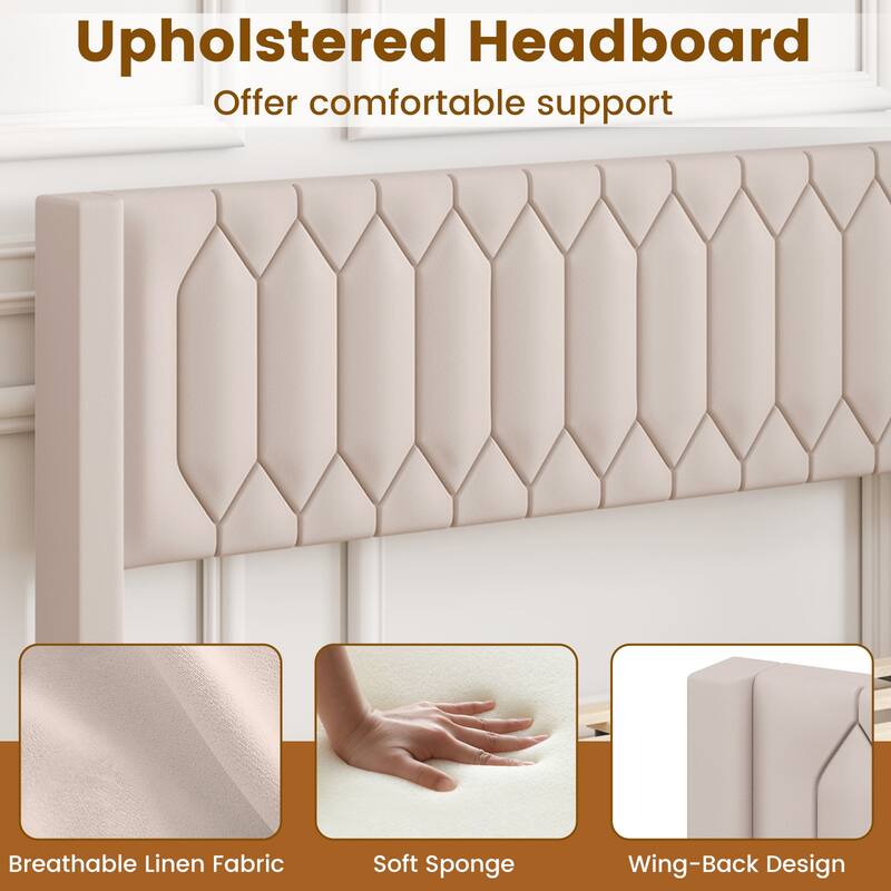 Modern Queen Velvet Upholstered Bed Frame with Cushioned Wingback and 10 Legs Slatted Platform