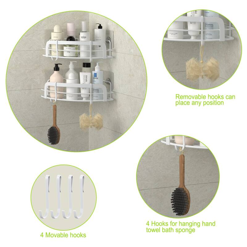 2 Pack Adhesive Wall Mounted Shower Caddy with 4 Movable Hooks